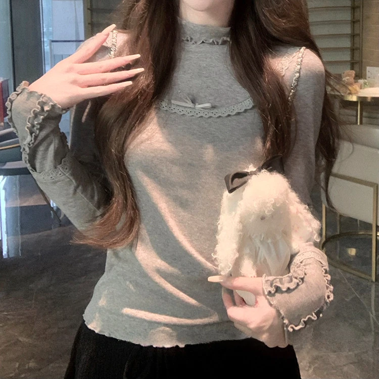 绒绒内搭打底衫上衣半高领修身显瘦百搭秋冬木耳边打底衫蕾丝t恤