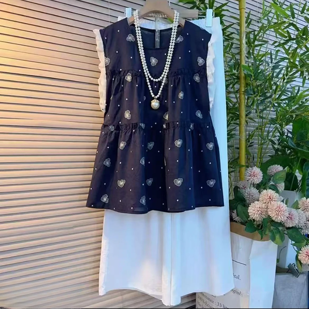 时尚气质胖MM无袖花边立体刺绣百搭时尚大码T桖