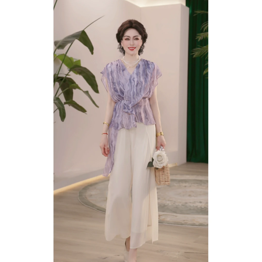 2025新款夏季妈妈装薄款时尚套装气质衬衣女装洋气减龄T恤两件套
