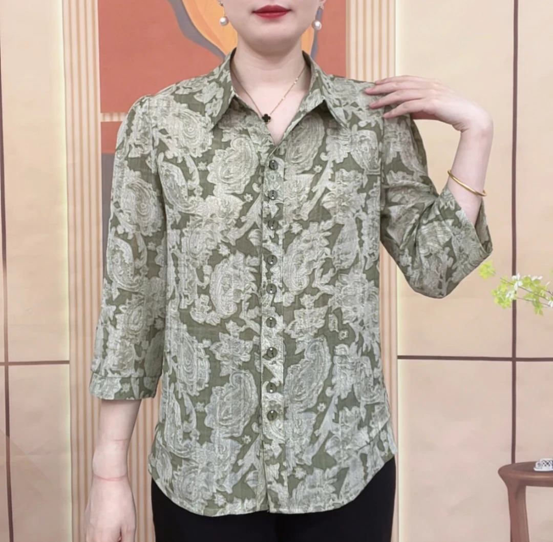 夏季新款印花衬衫上衣洋气时尚休闲气质妈妈短袖衬衣宽松显瘦