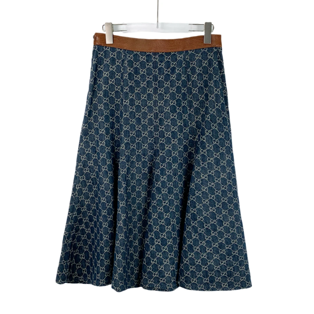 99新 GUCCI/古驰  EW0089  logo提花满印棉质休闲牛仔半身裙 42码