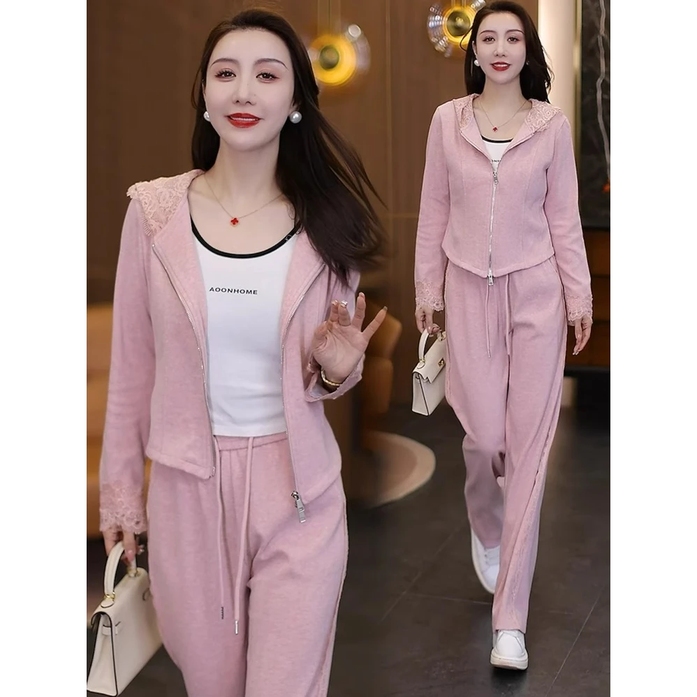 休闲运动服套装女春季新款洋气显瘦蕾丝拼接连帽卫衣阔腿裤两件套