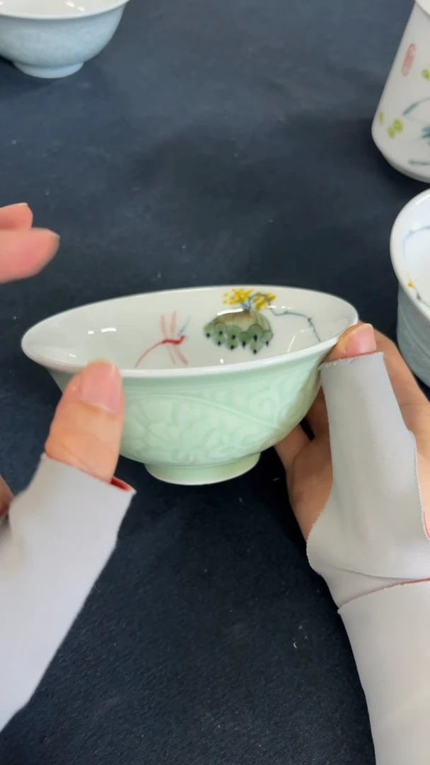 瓷片自**洒景德镇高温釉中彩-青釉小正德蜻蜓莲蓬