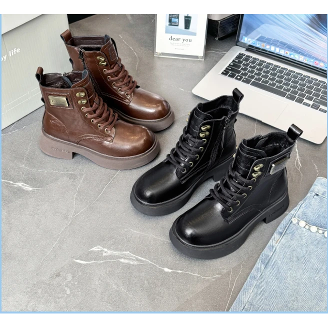 89028新款系带侧拉链扣子舒适百搭软底马丁靴
