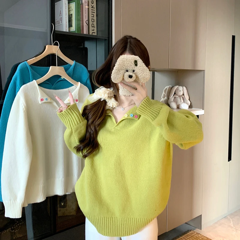 【涵胖胖】新款胖mm大码女多巴胺彩色纽扣宽松针织毛衣上衣72051【B】