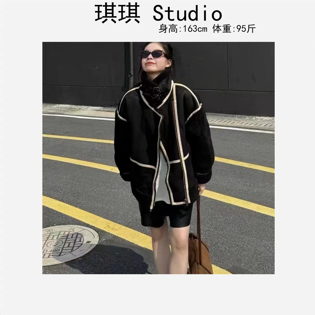秋冬新款重工设计皮卡扣防风羔毛保暖拼接明线拉链减龄外套5029-N