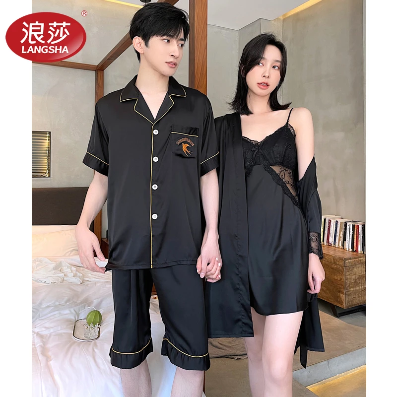 情侣睡衣女夏季冰丝性感吊带睡裙两件套装短袖男高级感家居服薄款