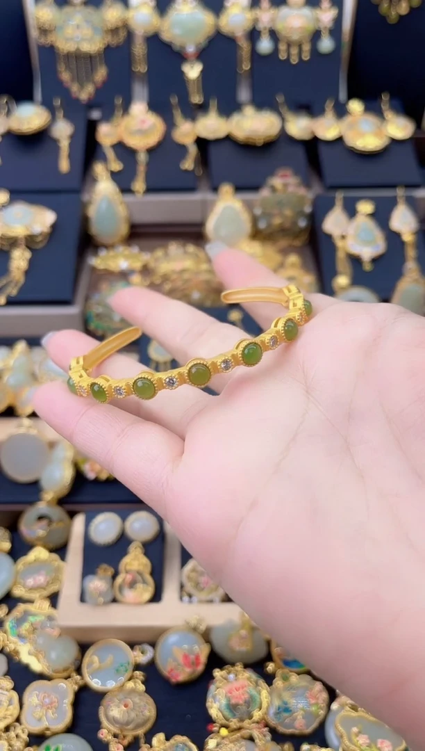 项圈银S925镀金镶嵌和田玉潇***天满天星手镯