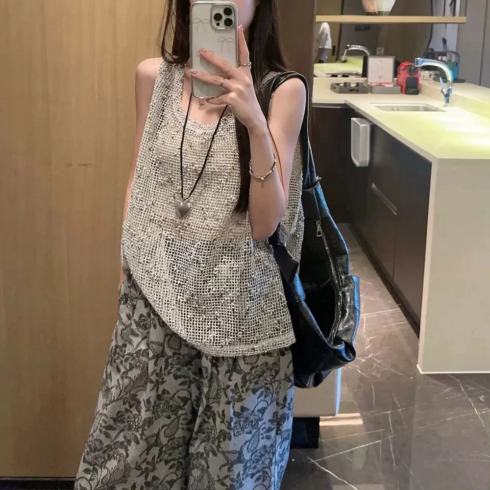 25新款夏季镂空叠穿网格马甲背心女慵懒风宽松高定款百搭网纱外搭