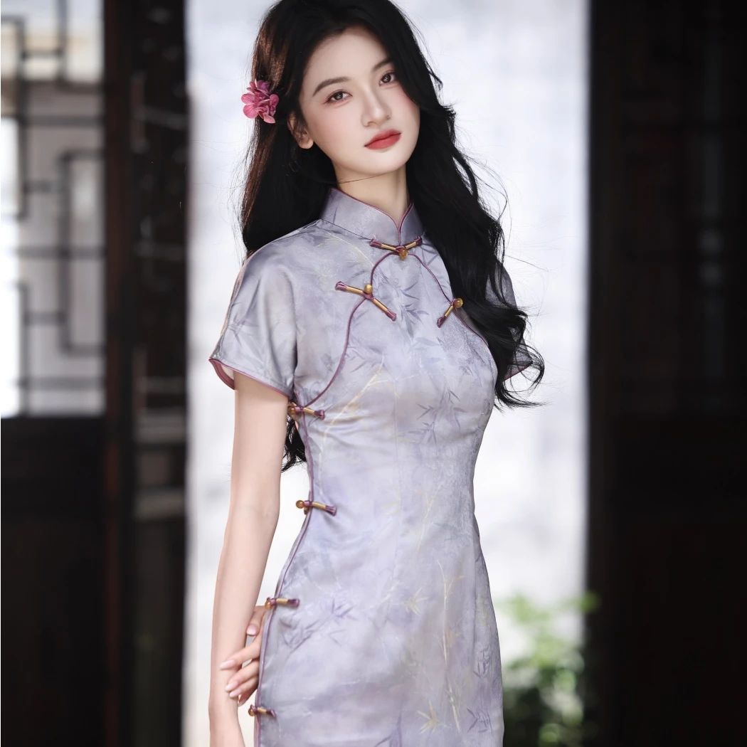 《南湘》120CM2025夏季新款薄款国风改良新中式日常气质紫色旗袍裙