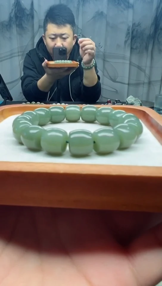 未镶嵌手串和田玉且末冰瓷蓝直切卡14纯天然拍一发一