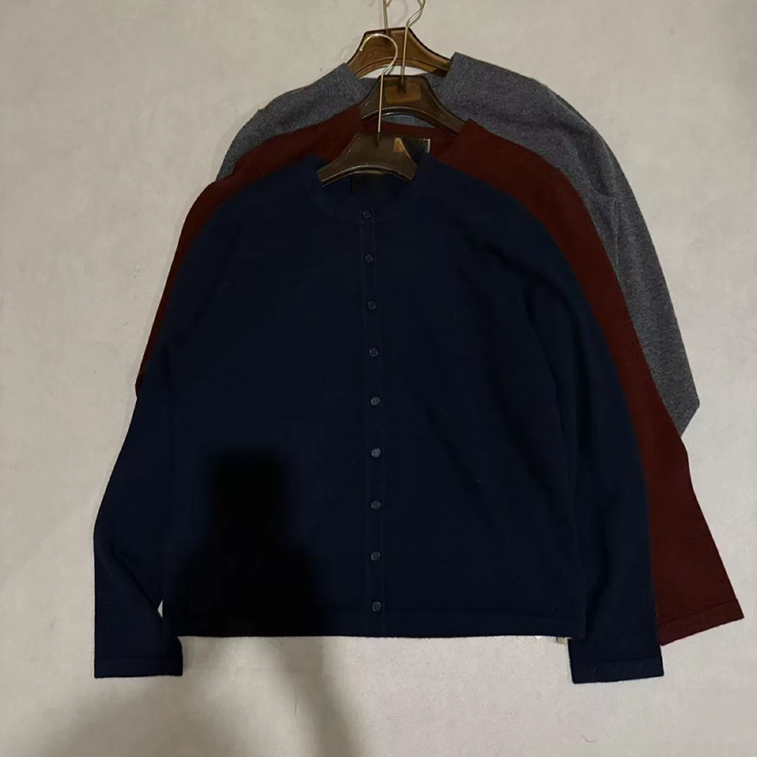 精选细腻山羊绒圆领开胸衫简约长袖针织外套女