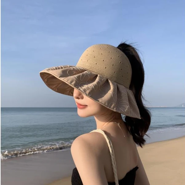 女空顶遮阳帽夏季帽子夏天布袋遮脸蕾丝大帽檐镂空时尚百搭韩版
