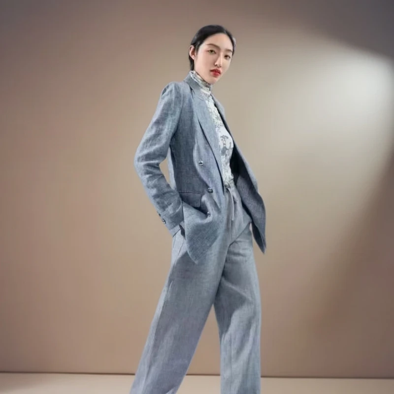 不支持退换/亚麻西装时尚双排扣中长款常规款翻领5400381