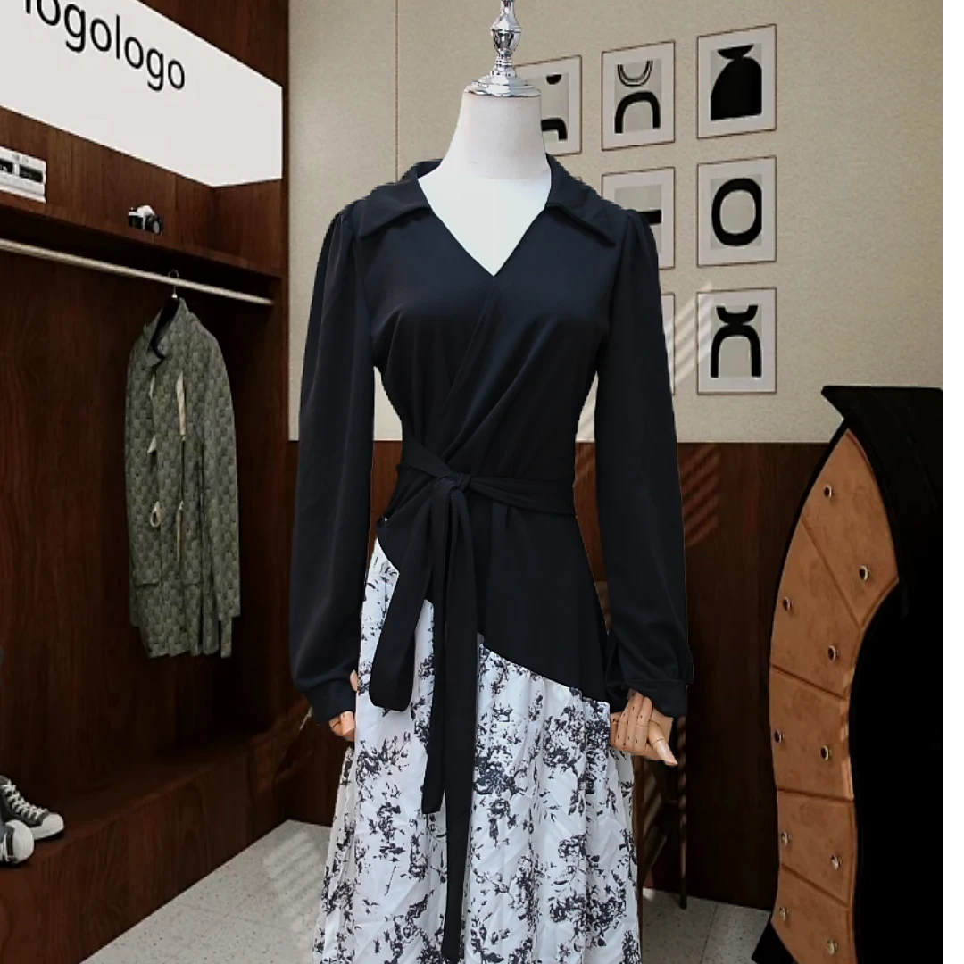 新中式拼接水墨花长袖连衣裙梨型身材显瘦碎花掐腰连衣裙