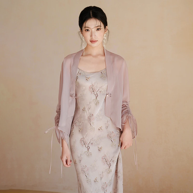 初蝉新中式国风吊带连衣裙女蝴蝶结袖轻盈朦胧开衫外披602056-N