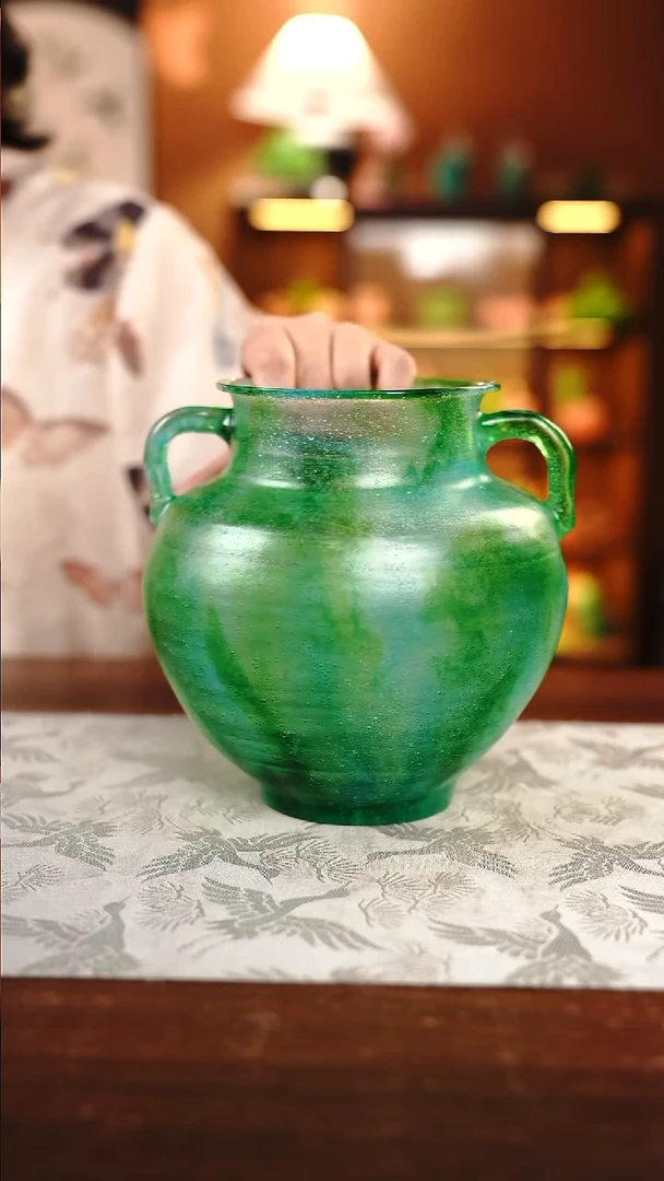 璃双耳花瓶-暮霞绿色