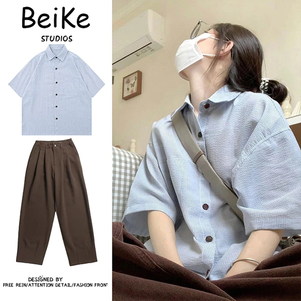 两件装/单件日系蓝色短袖衬衫男女夏季2025新款小众薄款宽松情侣