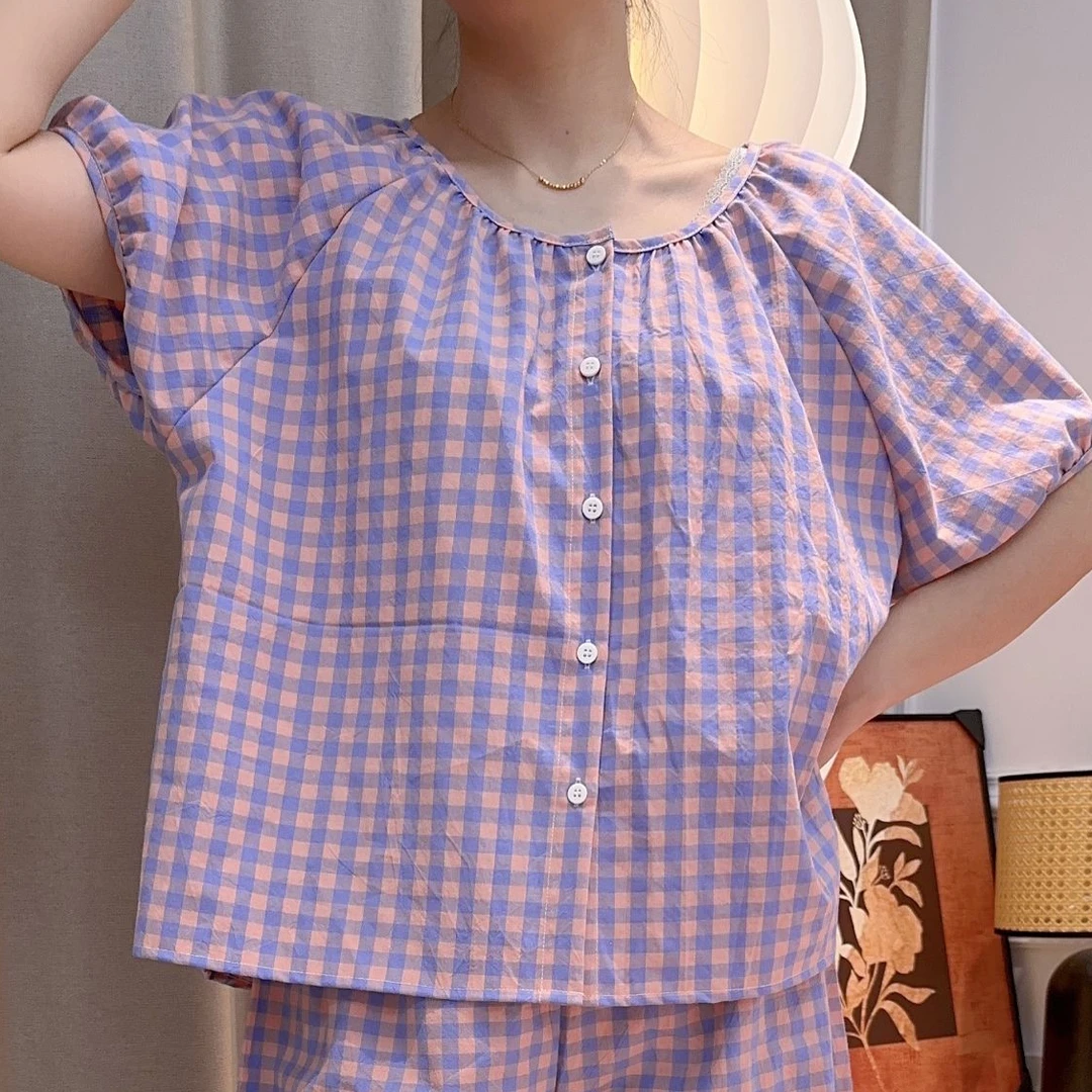 【全棉 家居服上衣】2025夏季新款舒适女士衬衫薄款格子休闲衬衣