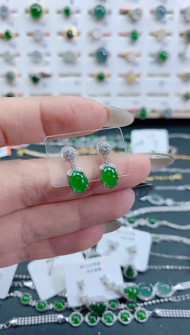 银S925镶嵌翡翠耳饰天然翡翠