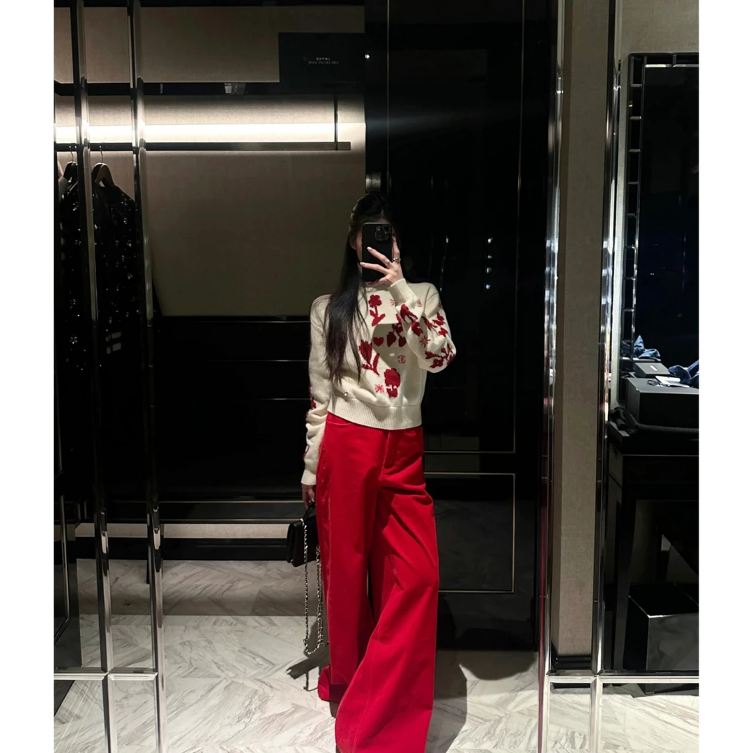 韩版时尚撞色提花显瘦高级感圣诞高领短款毛衣搭阔腿长裤显瘦套装