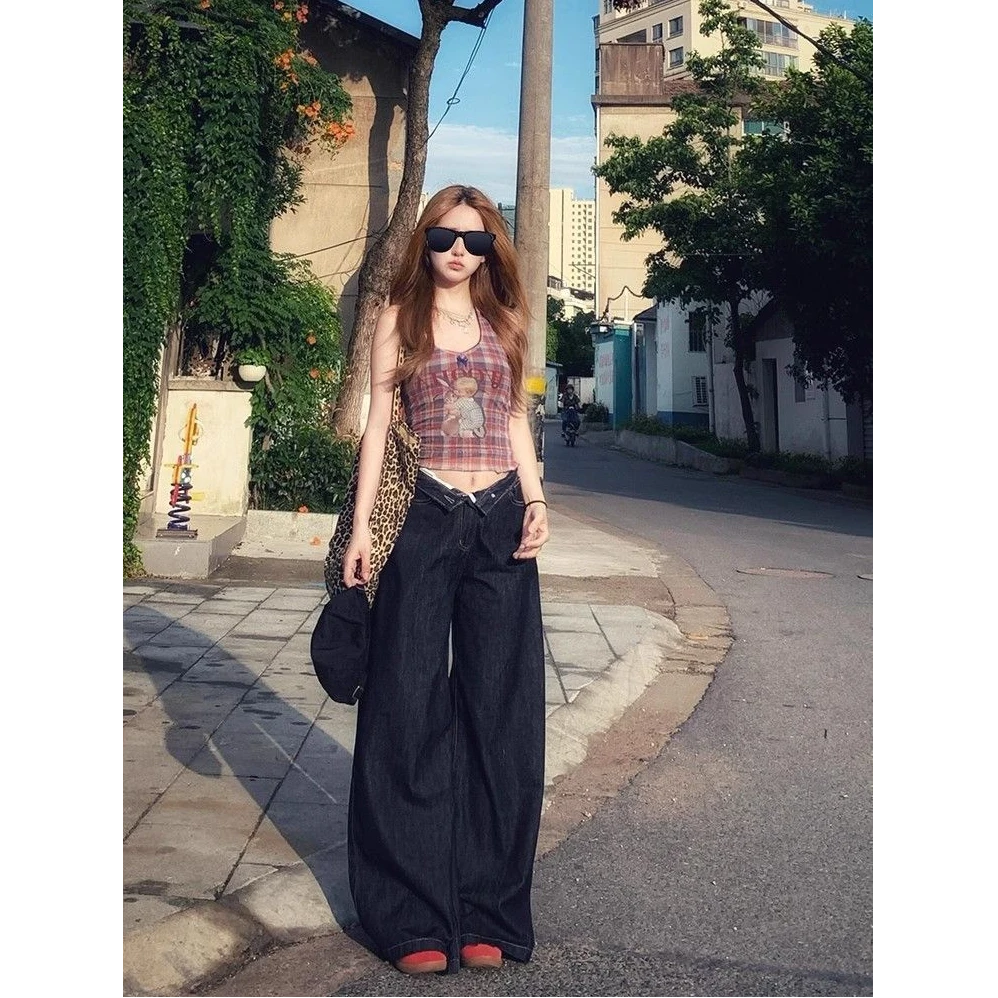 美式复古深色阔腿牛仔裤女夏季新款松弛感高腰垂感直筒拖地长裤潮