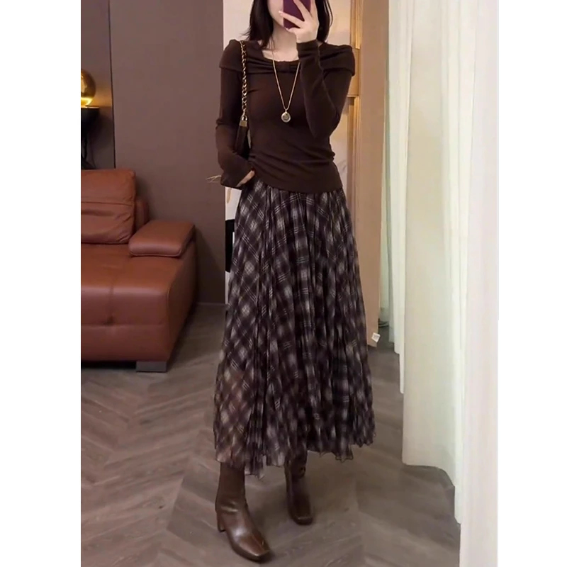 格纹百褶半身裙女2025新款秋冬季显瘦松紧腰半裙大摆a字半身长裙