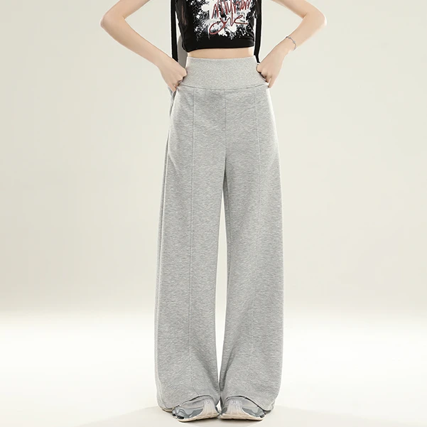 美式辣妹花灰色休闲裤女2025春秋牛仔高腰宽松垂感显瘦翻边长裤子