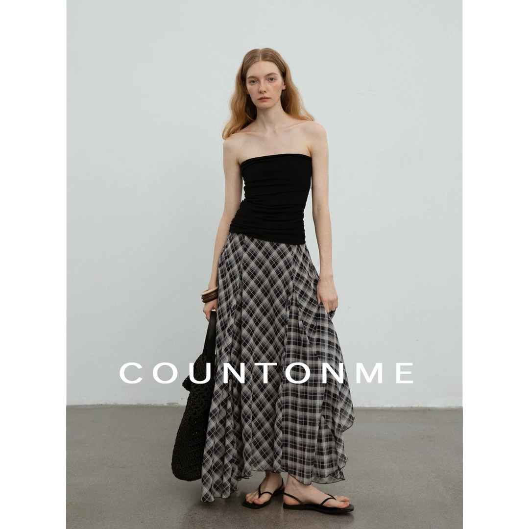 COUNTONME 浪漫随性/ 飘逸不规则下摆复古格纹百搭显瘦半身裙