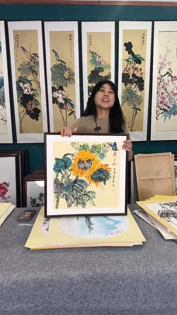 国画 向日葵 实木装裱 50*50