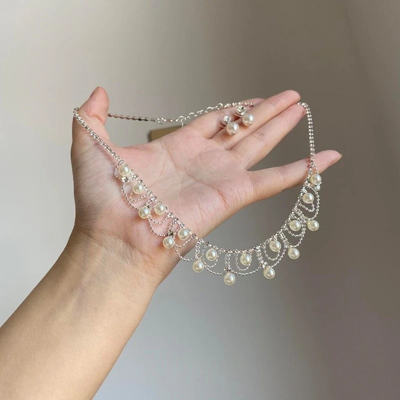 铜合金项链 法式蕾丝珠珠项链轻奢小众高级感优雅气质锁骨链套装