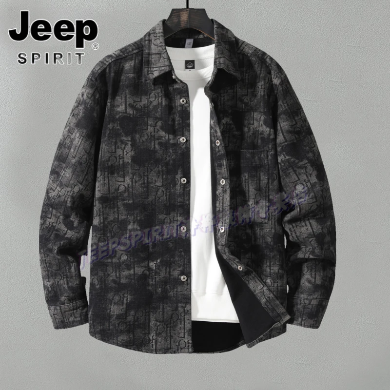 Jeep吉普衬衫男士长袖翻领格子休闲上衣印花衬衣春秋季节牛仔外套