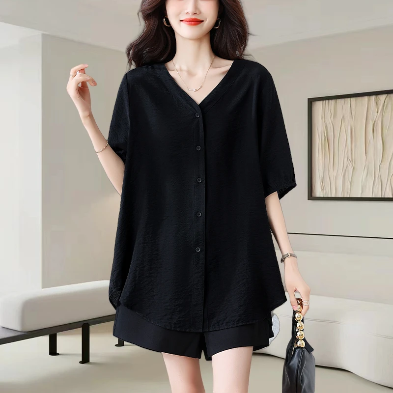 中长款黑色V领短袖衬衫女2025夏季新款时尚大码宽松休闲显瘦上衣