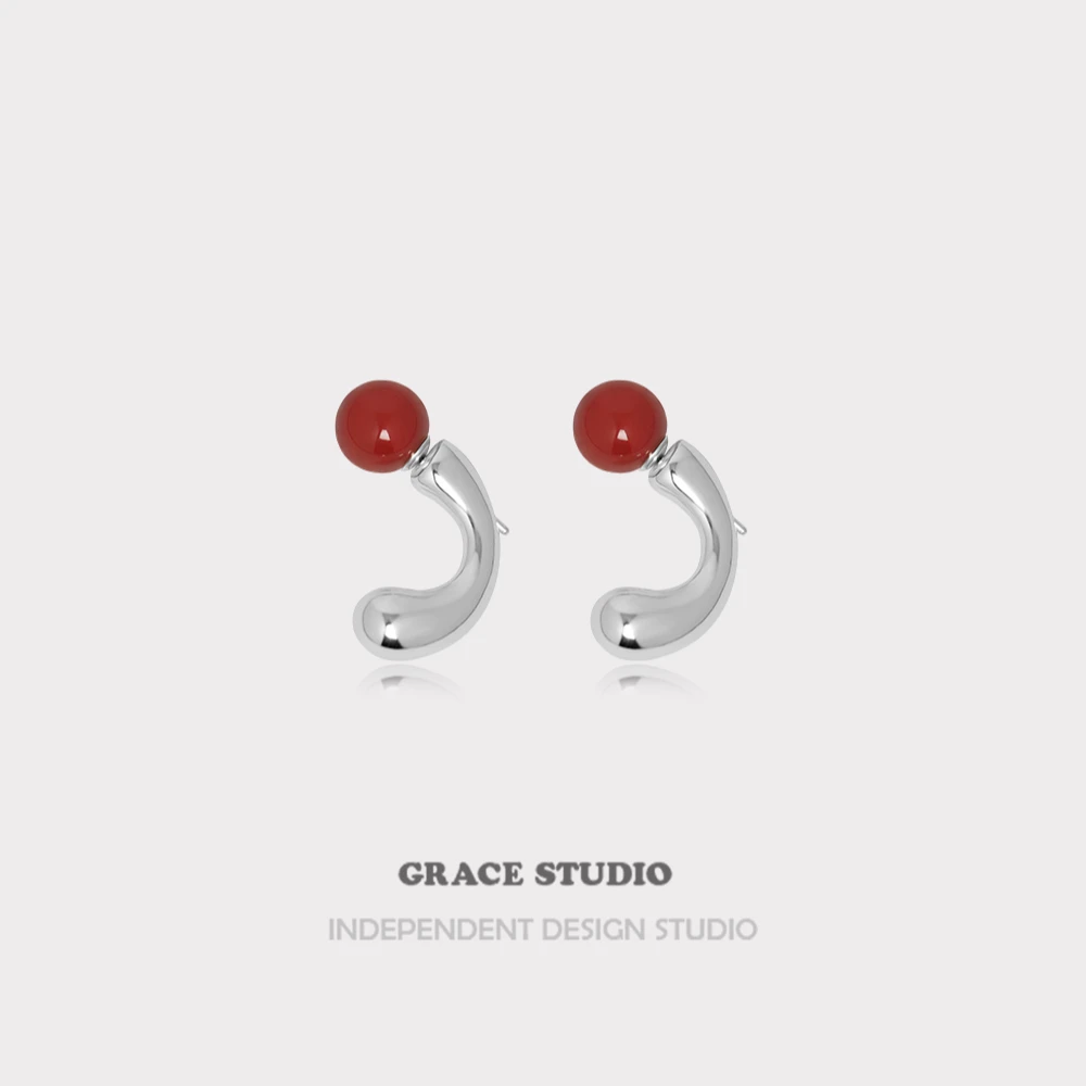 铜合金耳饰 小众设计氛围感新年红珠子耳环设可拆卸设计感耳钉