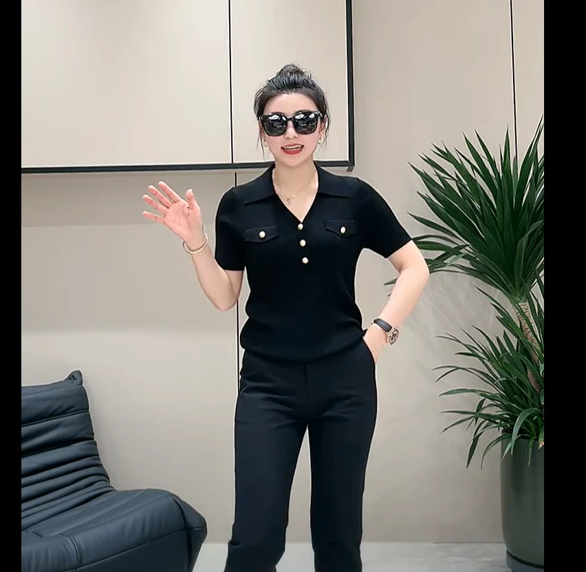 【夏季新款】V领金扣短袖冰嘛T恤 09252