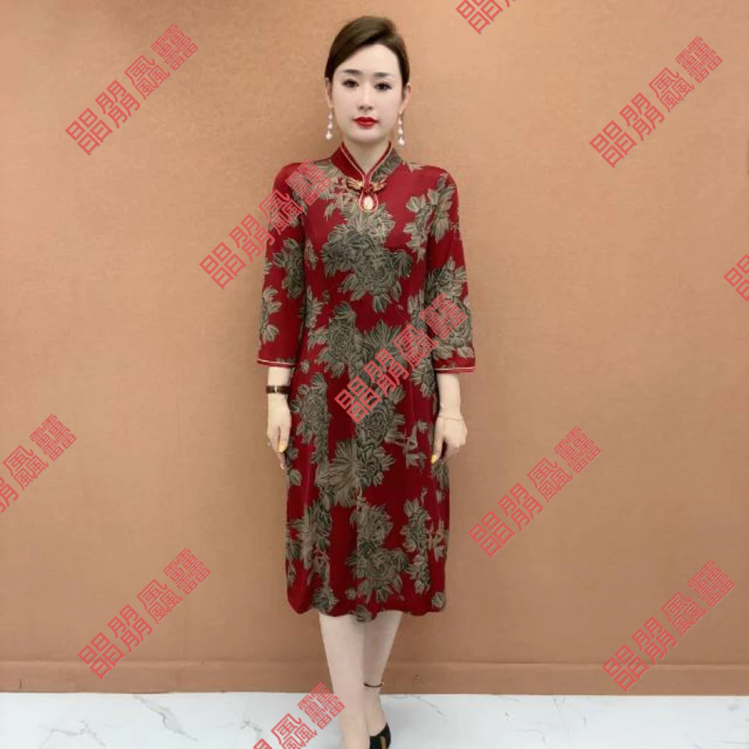 改良旗袍2025新款国风大码连衣裙七分袖时尚洋气妈妈装中长款裙子