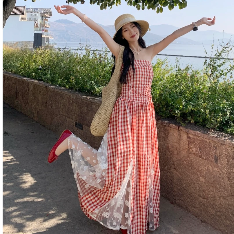大摆裙拼接长裙格子连衣裙收腰裙子甜美小清新显瘦出游度假长裙