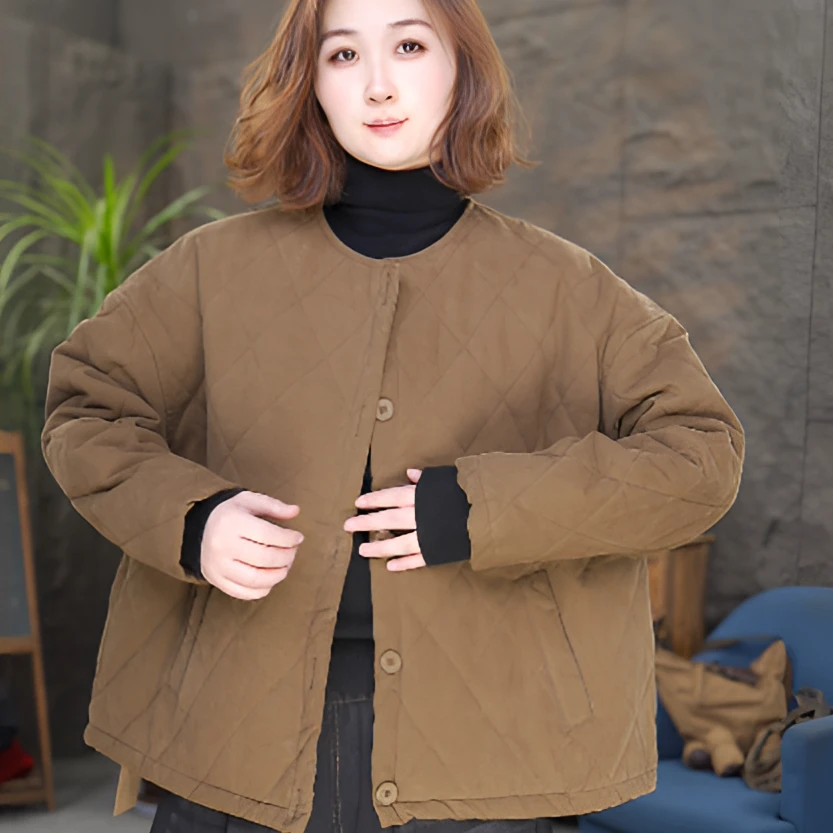 棉衣女保暖圆领纯色女印染耐磨棉服棉衣上衣加厚冬季宽松