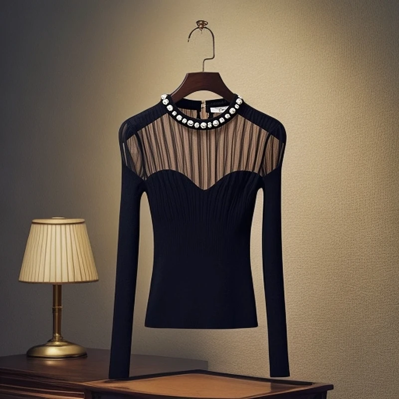 今年流行漂亮别致独特小衫设计感小众网纱T恤女冬季加厚黑色拼接