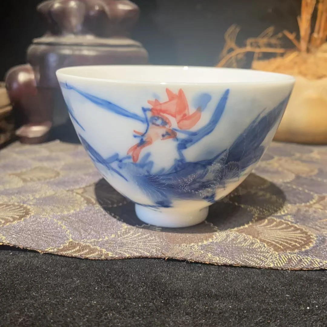 景德镇昱器雄鸡寿桃鸡心杯微瑕