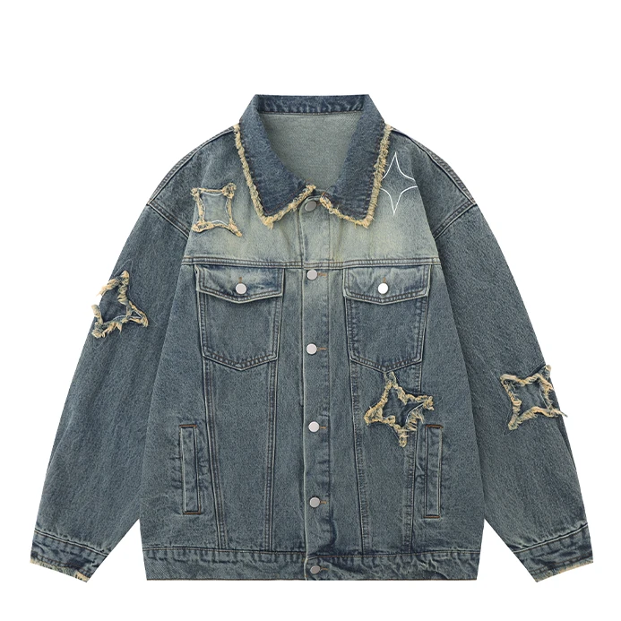 美式复古星星毛边拼接夹克衫女潮牌街头宽松百搭情侣做旧牛仔外套