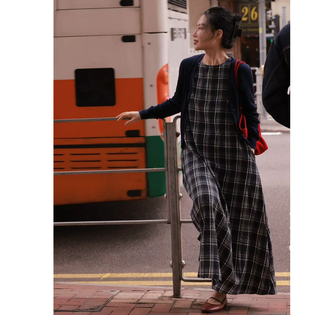 【那尚新品】春复古英伦风格子背心连衣裙