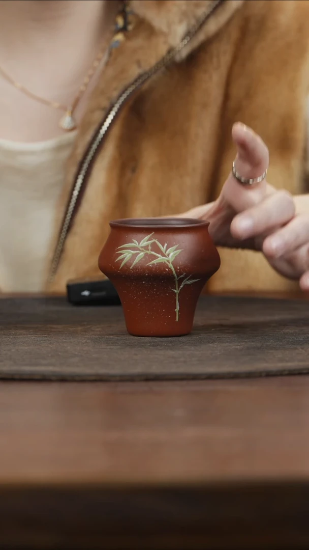 【闪购商品】紫砂茶叶罐朱泥泥绘竹子雪景主人杯