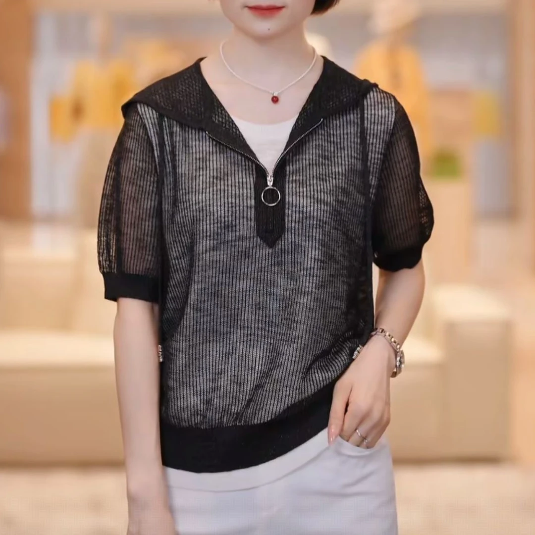 【小丽娜】简约日常假两件银葱纱镂空设计连帽针织衫6S11S0658