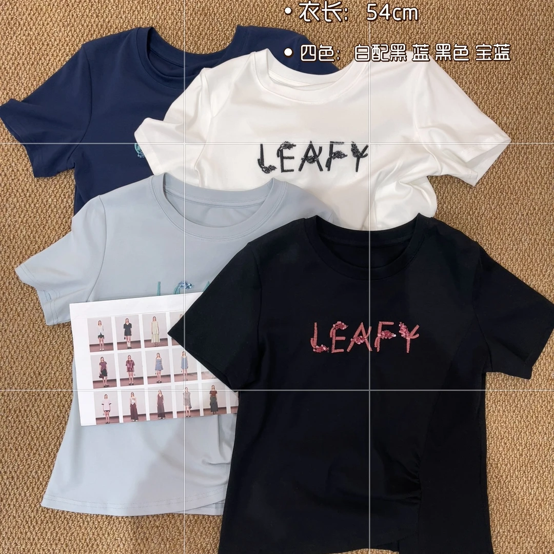 【侧边抽皱字母珠片显瘦短袖】2025新款辣妹不规则短袖T恤女春