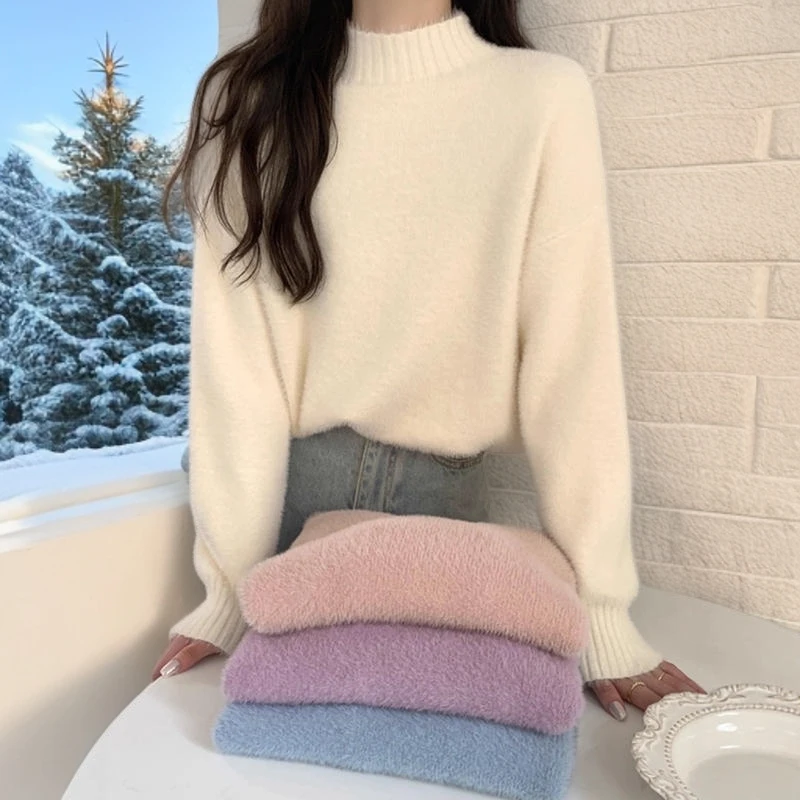 针织衫毛衣女加厚秋冬气质保暖加绒内搭慵懒宽松半高领打底针织衫