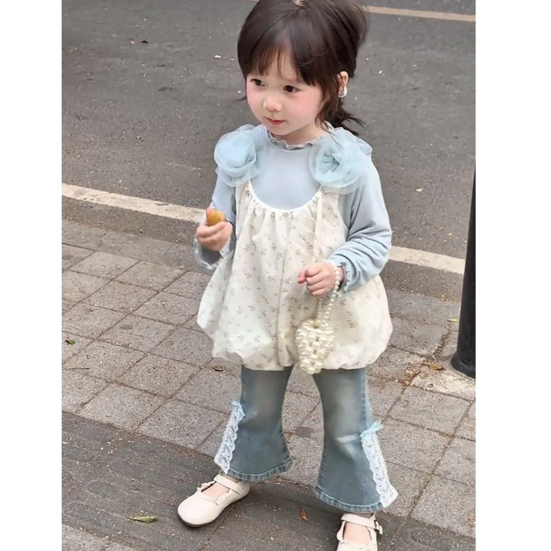 韩版童装女童2025春季套装洋气女宝宝牛仔裤吊带打底衫三件套