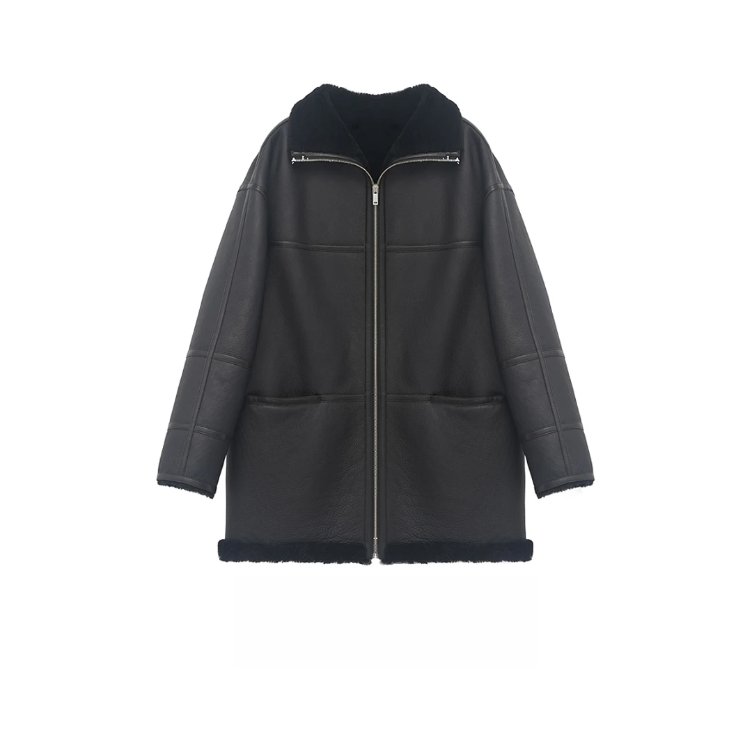 北美的夜 进口皮毛一体中长皮草外套翻领纯色设计宽松大衣 23670