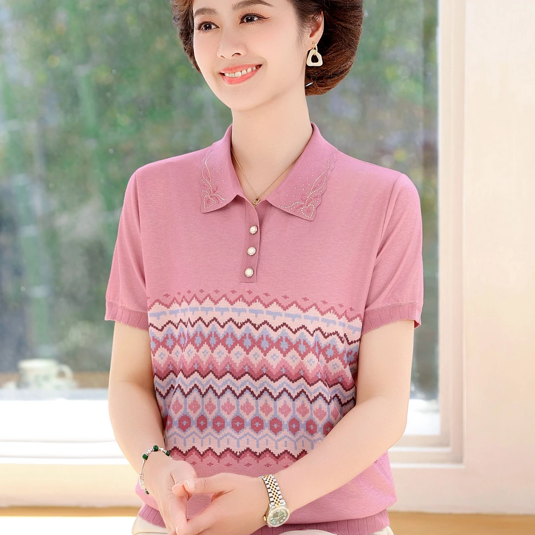 时尚中老年女装夏季上衣洋气2025新款妈妈装冰丝小衫翻领短袖T恤