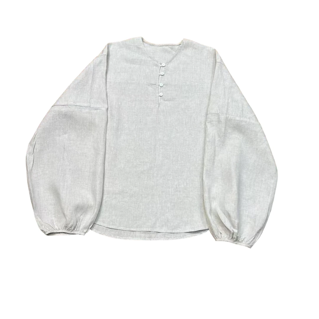 一半---原麻色亚麻灯笼袖圆领套头上衣25642